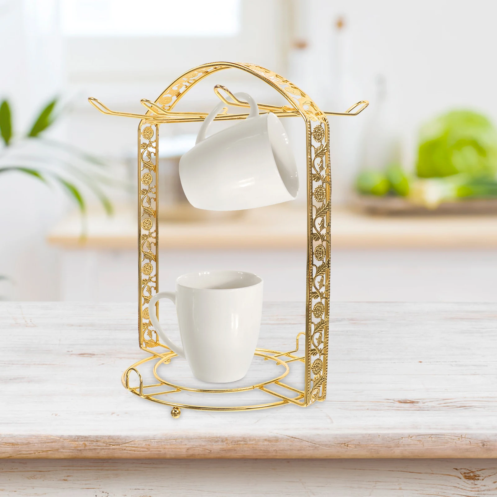 

6 Piece Coffee Cup Holder Tea Mug ganizer Rack Gold Design Countertop Kitchen Accessory Efficient Drainage Smooth Edge Storage