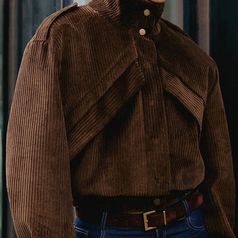 Jacke für Damen, braun, Stehkragen, lange Ärmel, Patchwork, einreihig, modisch, lässig, Cordjacke, weiblich, 2025, Streetwear