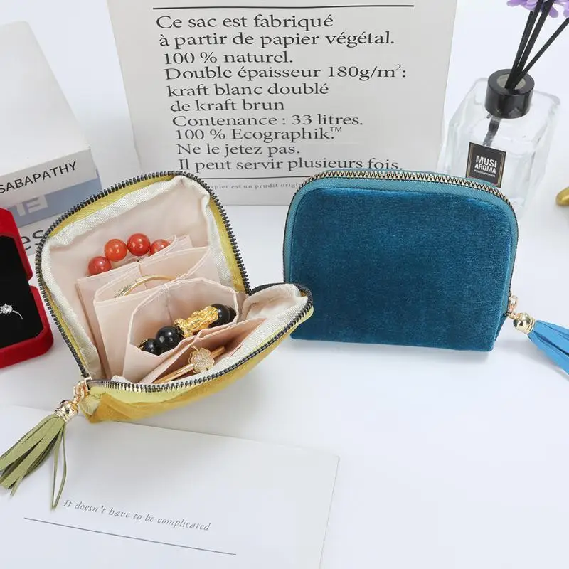 Soft Velvet Jewelry Pouch Multiple Inner Compartments Tassel Zipper Eco-friendly Material Portable Organizer for Travel Use