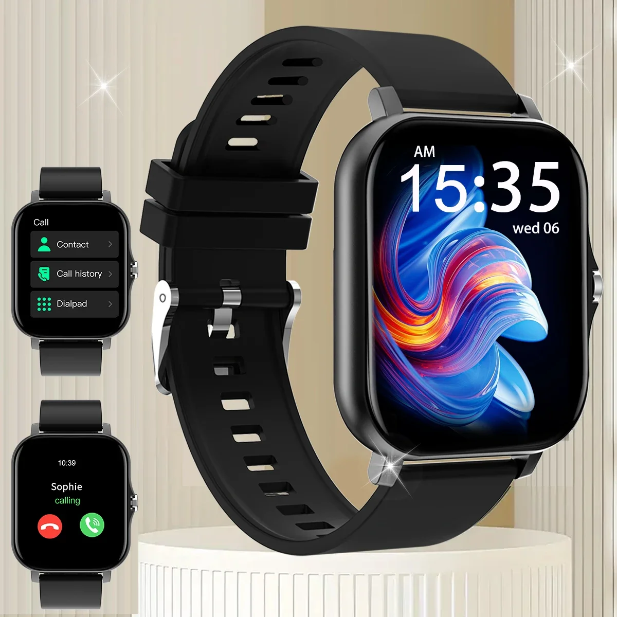 

Полный сенсорный экран SmartWatch, отвес и зарабатывает вызовы, напоминания о сообщениях, обои с циферблатом на заказ и другие функции