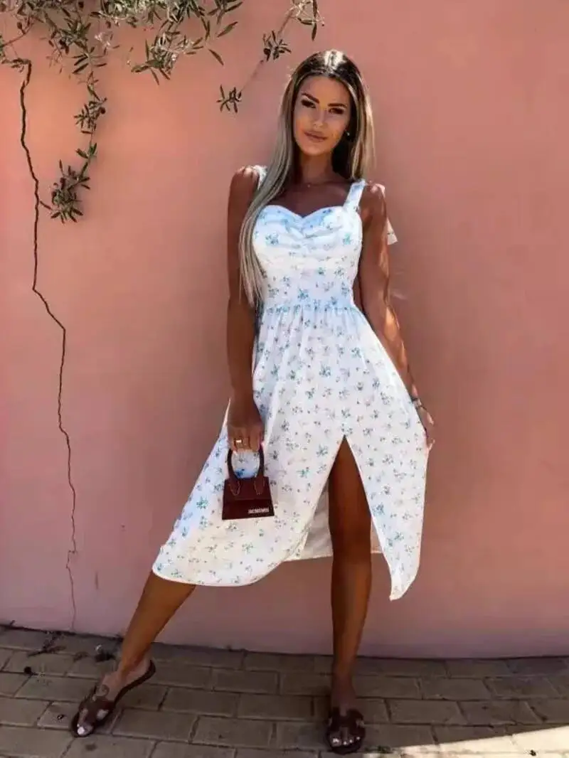 فستان صيفي نسائي أنيق مثير مطبوع عليه زهور بدون حمالات حبال الخصر ضيق سبليت فساتين نسائية منتصف العجل فستان بدون أكمام 20QT #5