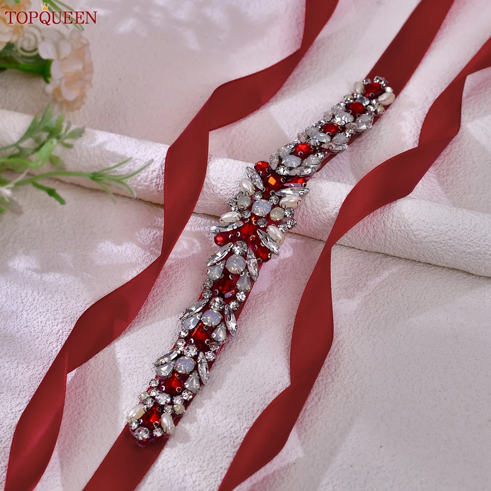 TOPQUEEN Gorgeous Diamond Wedding Dress Belt Banquet Party Accessories Hand Sewn Burgundy Rhinestone Bridal Belt S57-Red