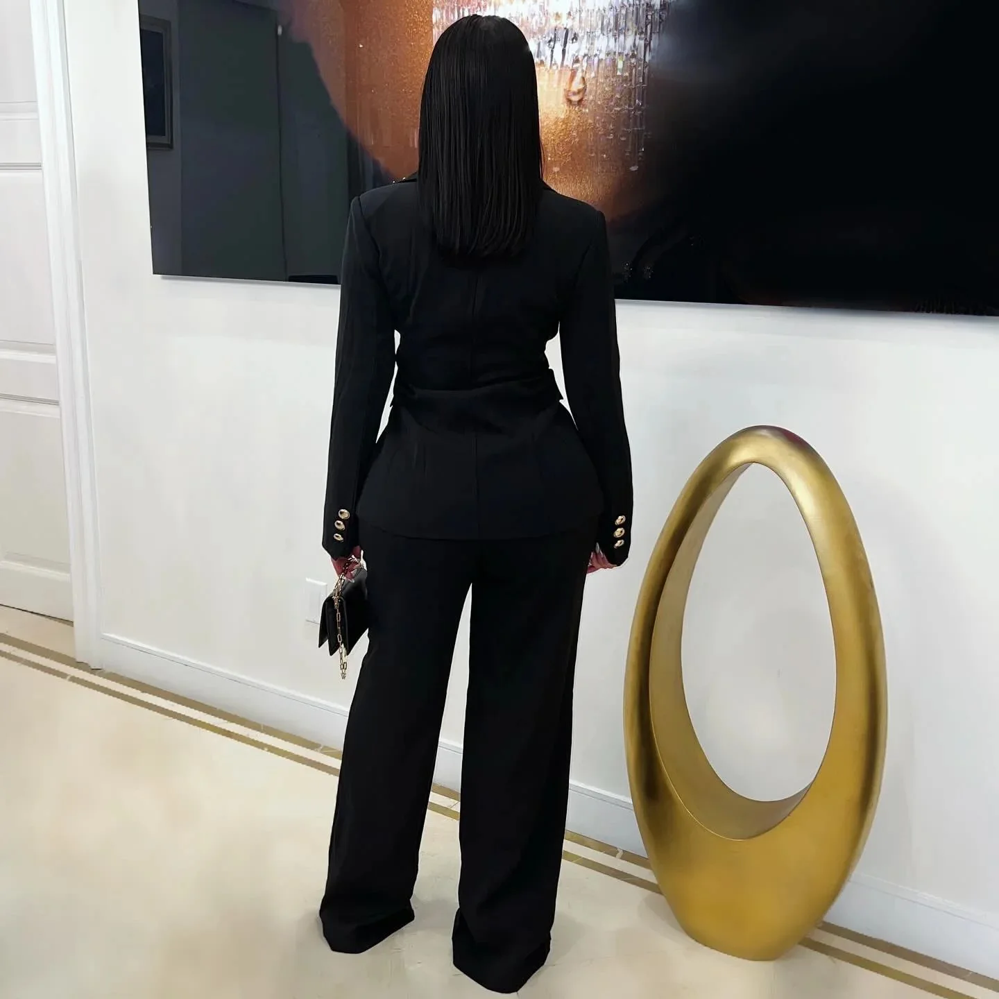 قطعتين المرأة طويلة مجموعة بناطيل رجالي الصلبة مطابقة مجموعة زر واحد رفض طوق علوي مرونة الخصر بانت سليم عادية 2025 الصيف