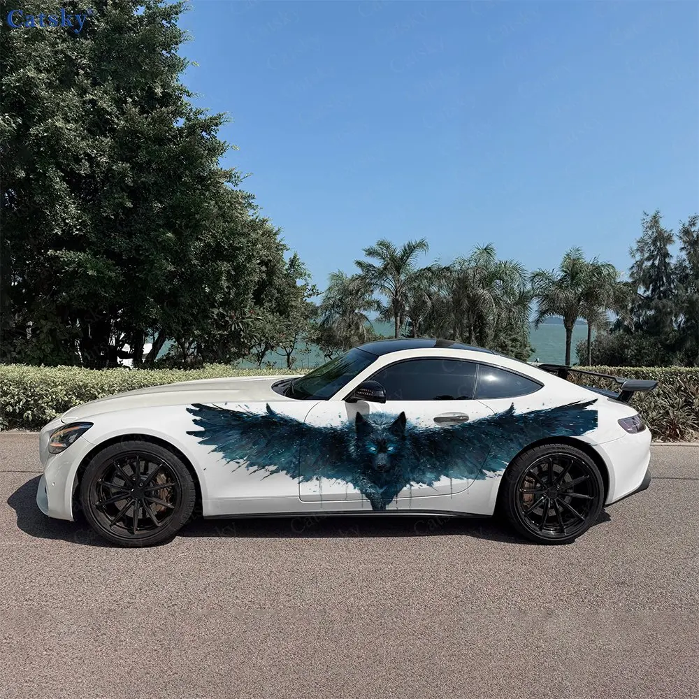 2pcs Cyan Gradient Wide Wing Wolf Car Side Wraps, Self-Adhesive PVC Waterproof & Scratch-Resistant Stickers, Car Accessory Gift