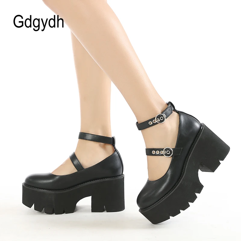 Gdgydh Round Toe Chunky Goth Platform Women Shoes Trendy Ankle Strap Mary Janes Pumps Suare Heels Lolita Style College Student