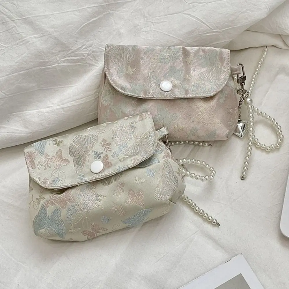 素敵な刺繍ボタン小銭入れパールキーリング軽量小さな口紅バッグ甘い蝶中国風収納バッグデイリー