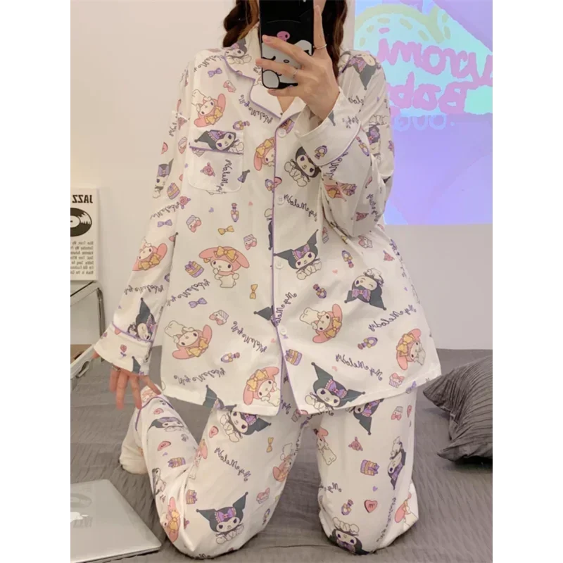 Sanrio kulomi pijamas de seda femininos outono dos desenhos animados puro algodão calças de manga comprida solto casual loungewear pijamas conjunto