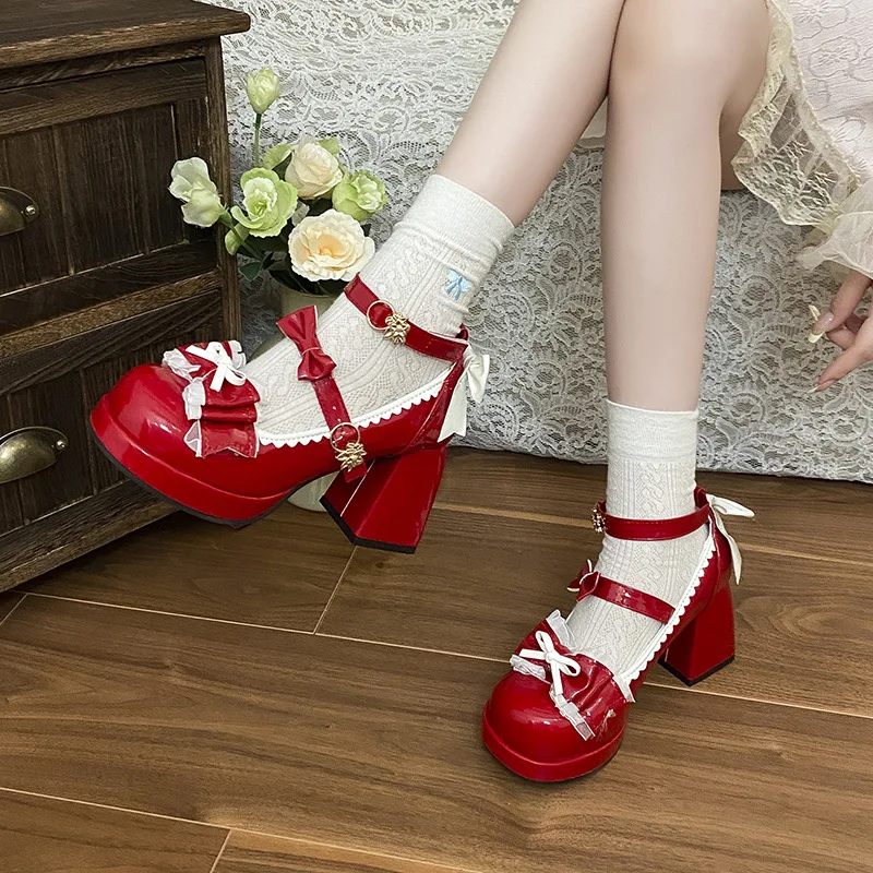 Lovely Girls Lolita Bowknots Platform Block Heels Shoes Platform ,Female Students Sweet High-heeled Delicate Elevator Mary Janes