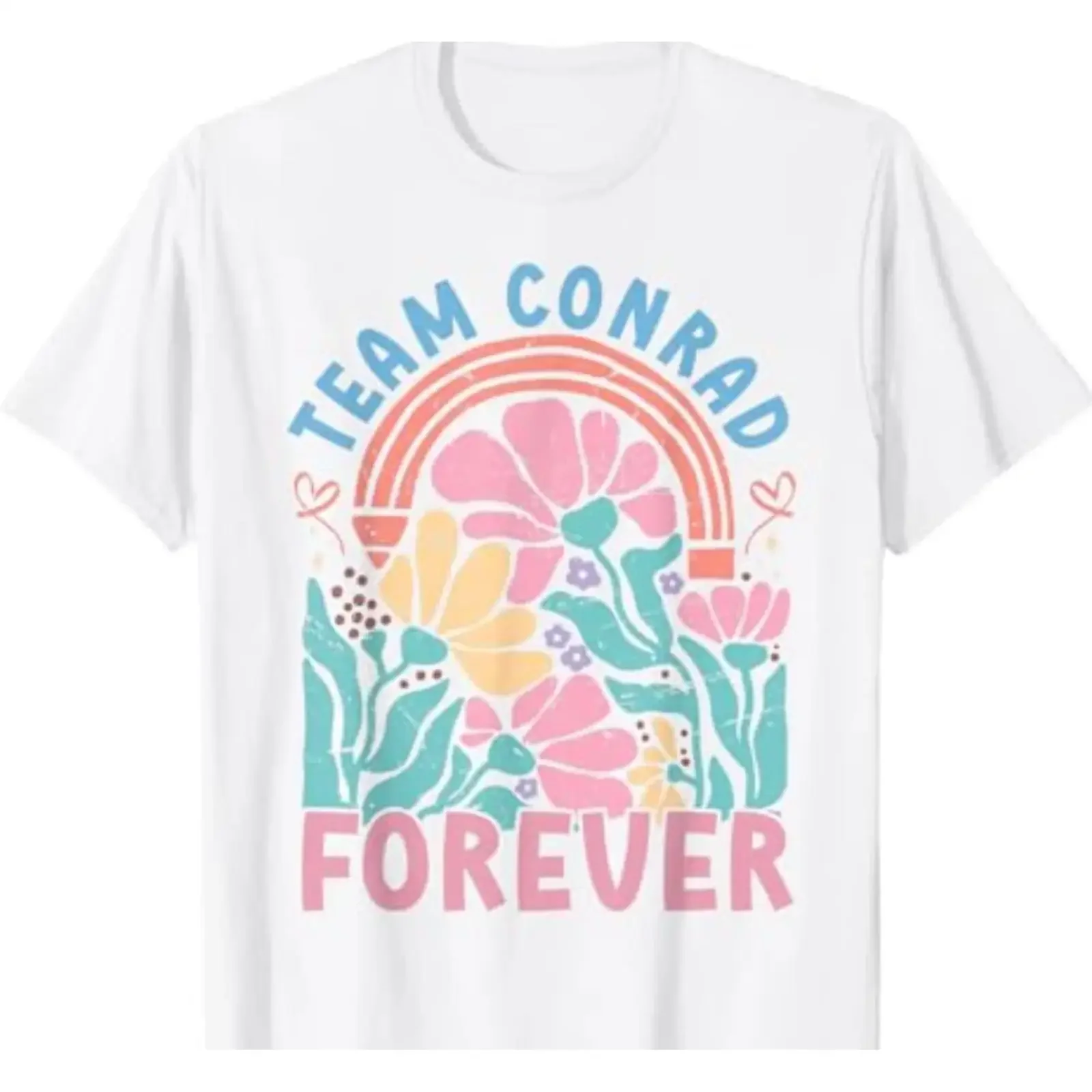 Camiseta retrô floral Groovy Team Conrad Forever, vintage, streetwear masculino, estilosa, com estampa gráfica, confortável, roupas de designer.