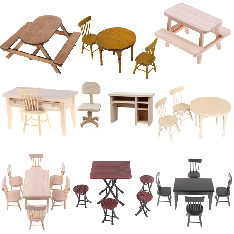 1/12 Dollhouse Full Dining Room Table and Chair Dollhouse Miniature Furniture Wooden Dining Pretend Play