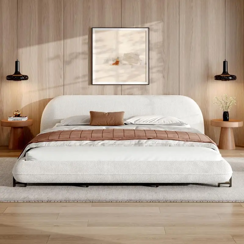 King Size Boucle Fabric Bed Frame, Upholstered Platform Bed with Curved Design & Thick Headboard in White Color