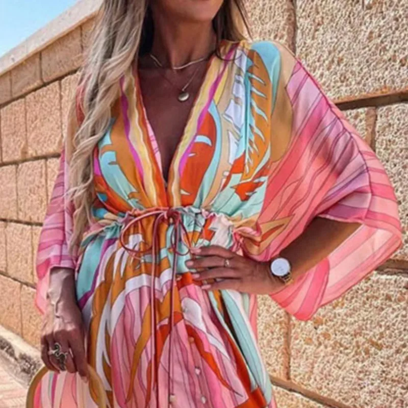 Moda donna Boho Stampa Maxi Beach Dress Estate Profondo scollo a V Elastico in vita Abiti da festa per le donne Robe Femal Vestidos