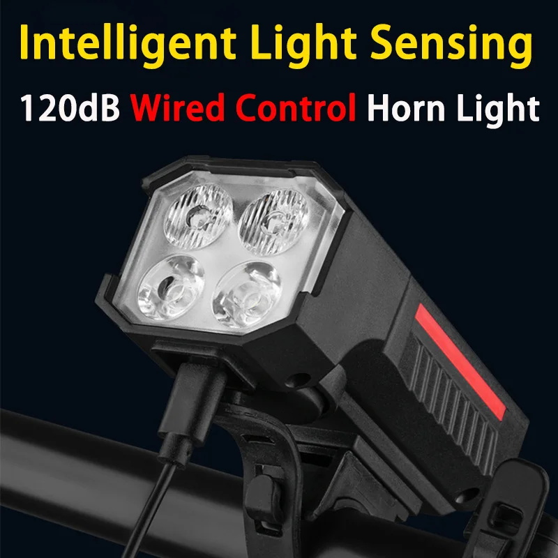 Bicycle Light Intelligent Light-sensing Bike Front Lamp with High-decibel Horn Solar/Type-c Charging Headlight LED Cycling Parts