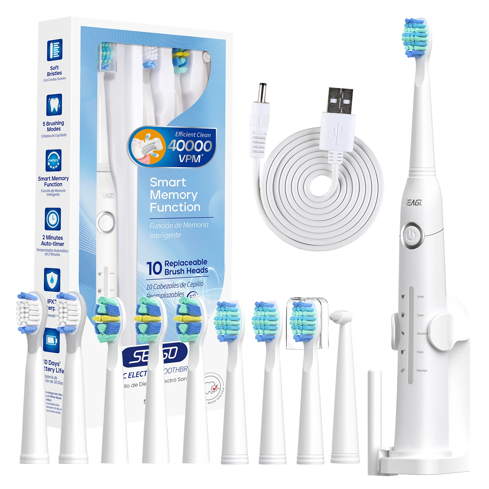 Seago elektrische tandenborstel Tandenborstel USB oplaadbaar Ultrasone tandenreiniging voor volwassenen 10 vervangende opzetborstels