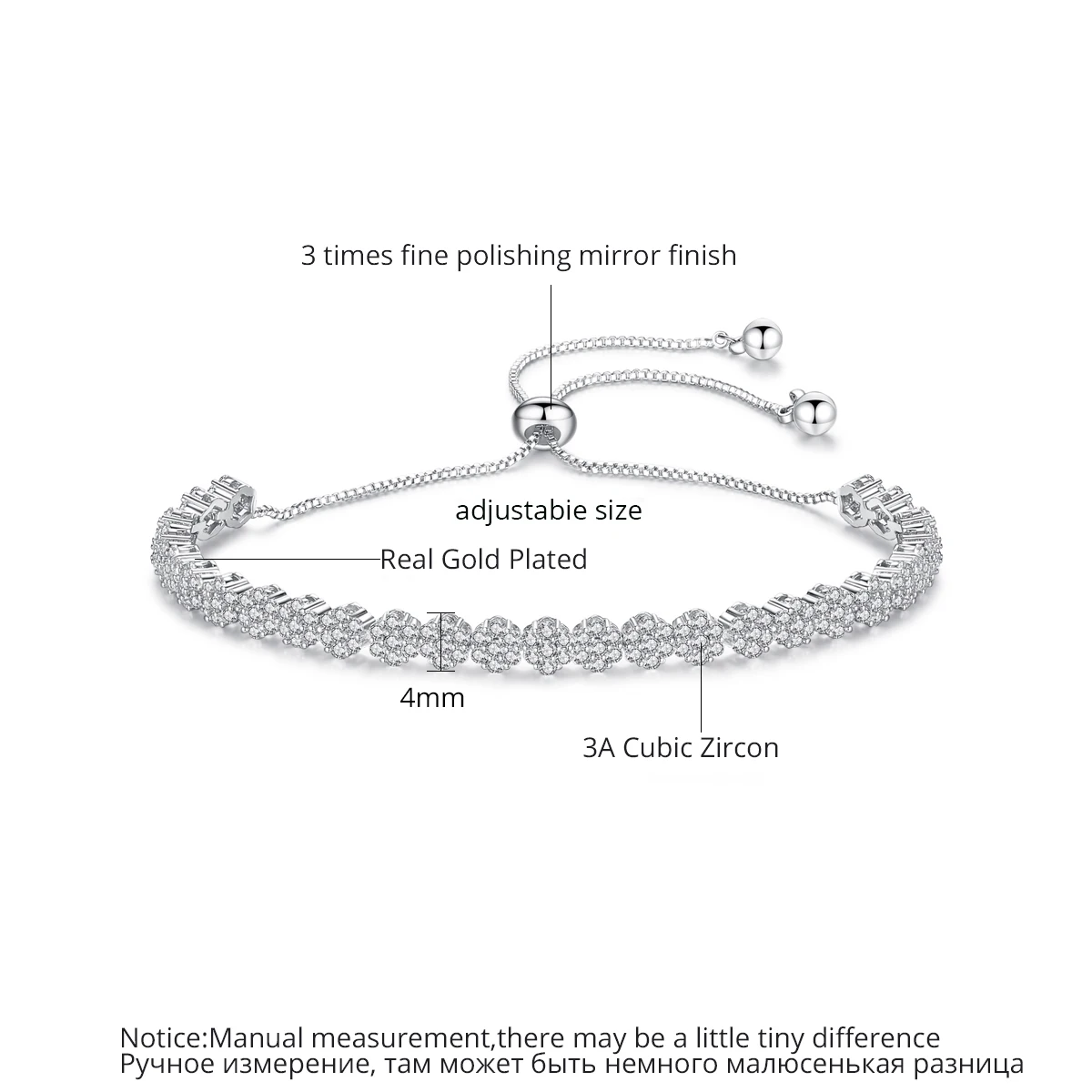 LUOTEEMI Cubic Zirconia Slide Link Chain Flower Tennis Bracelet For Women Shinning Zircon Adjustable Trendy Chain Bracelets Gift