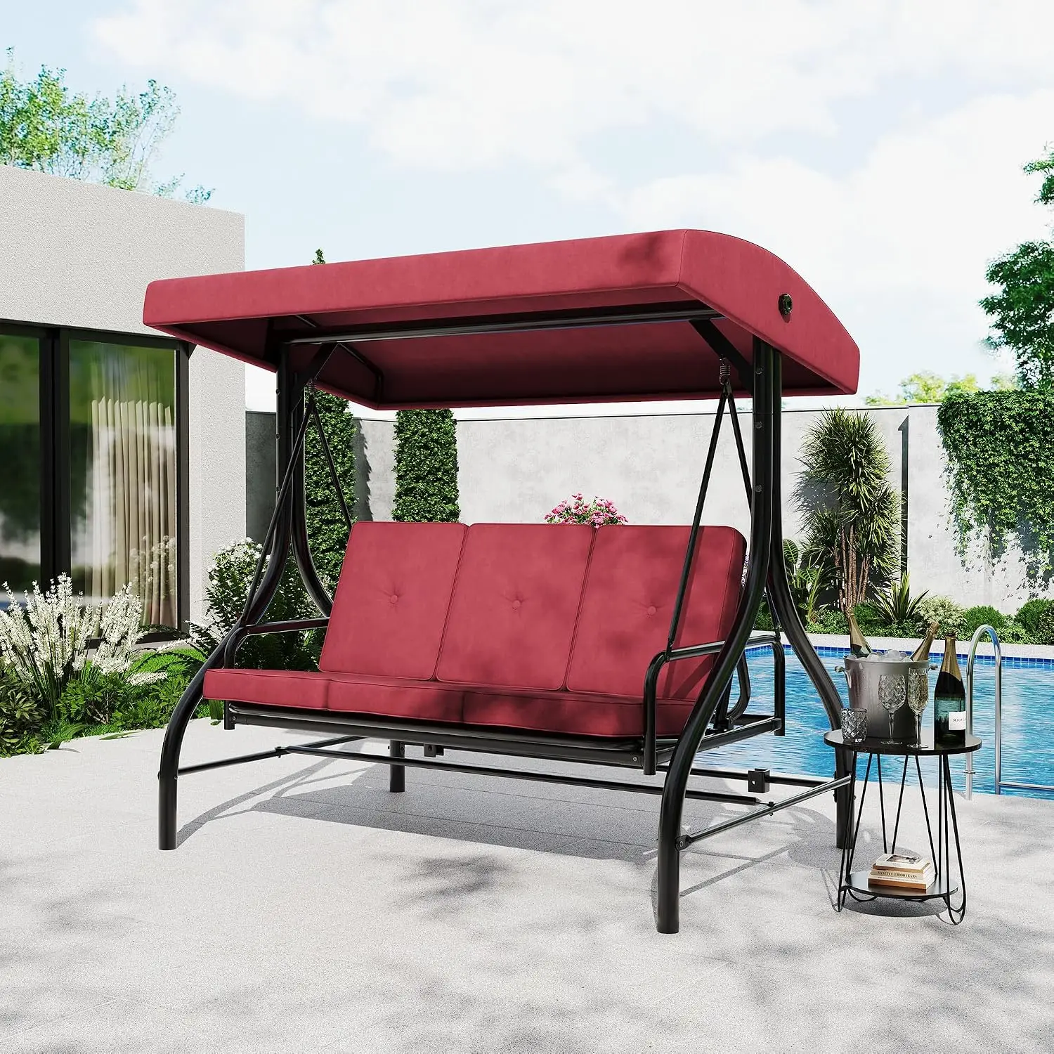 3-Seat Outdoor Patio Swing With Adjustable Canopy & Backrest, Outside Porch Converting Bed With Thickened Removable, Customized