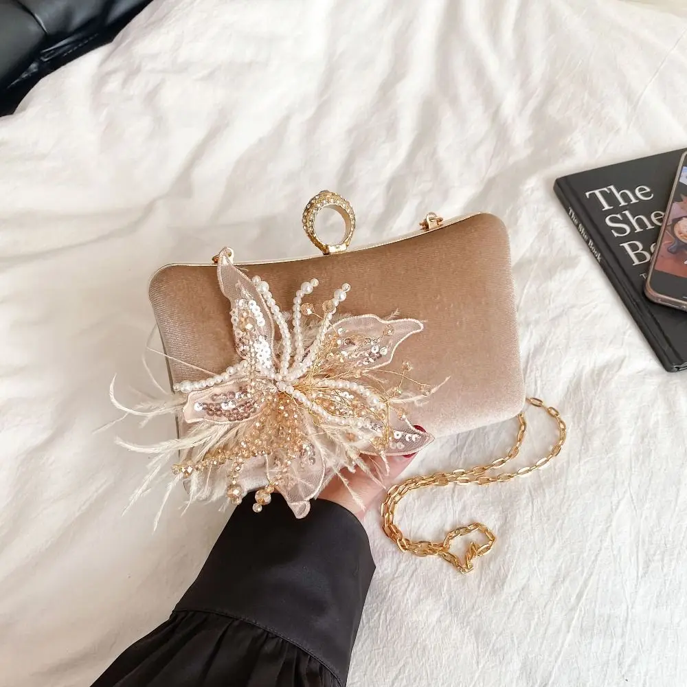 

Casual Rhinestone Evening Banquet Bag Velvet Pearl Box Handbag Large Capacity Flower Chain Crossbody Bag Wedding