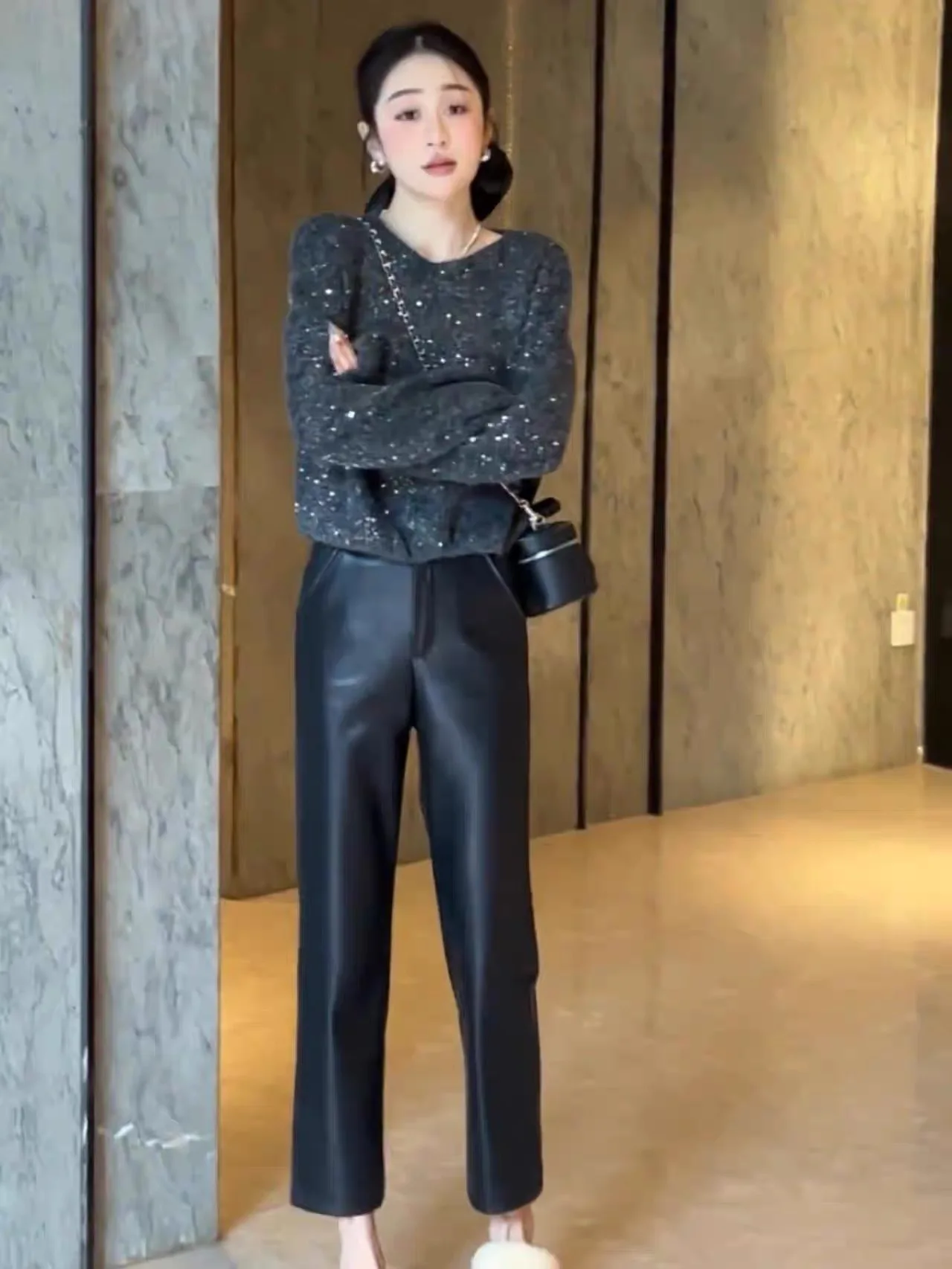 

Faionable Korean Sle Slim Fit Leather Pants High Waist Straight Leg Casual Trendy Women's Nine Point Cigarette Pants