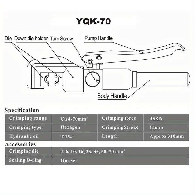 4-70mm² Hydraulic Crimping Pliers YQK-70 Pressure 10T Home Hydraulic Tools Hydraulic Pliers DIY Cable Terminal Crimping Pliers