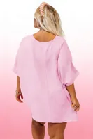 Plus Size Pink Textured V Neck Tunic Top, Batwing Short Sleeve Pocket Loose Blouse for Curvy Women, Lightweight Summer Casual Co - Image 2