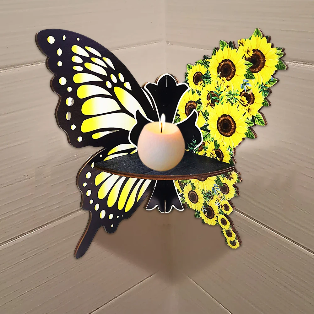 1pc，Wooden Color Sunflower Butterfly Straight Corner Hollow Creative Shape Storage Decorative Wall Shelf