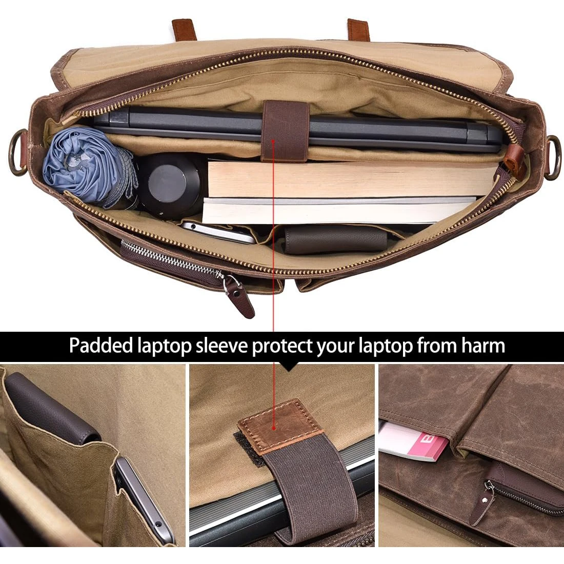 Large Capacity Men\'s Messenger Bag Sturdy Canvas Laptop Bag 15.6 Inch Waterproof Vintage Briefcase Crossbody Shoulder Bag