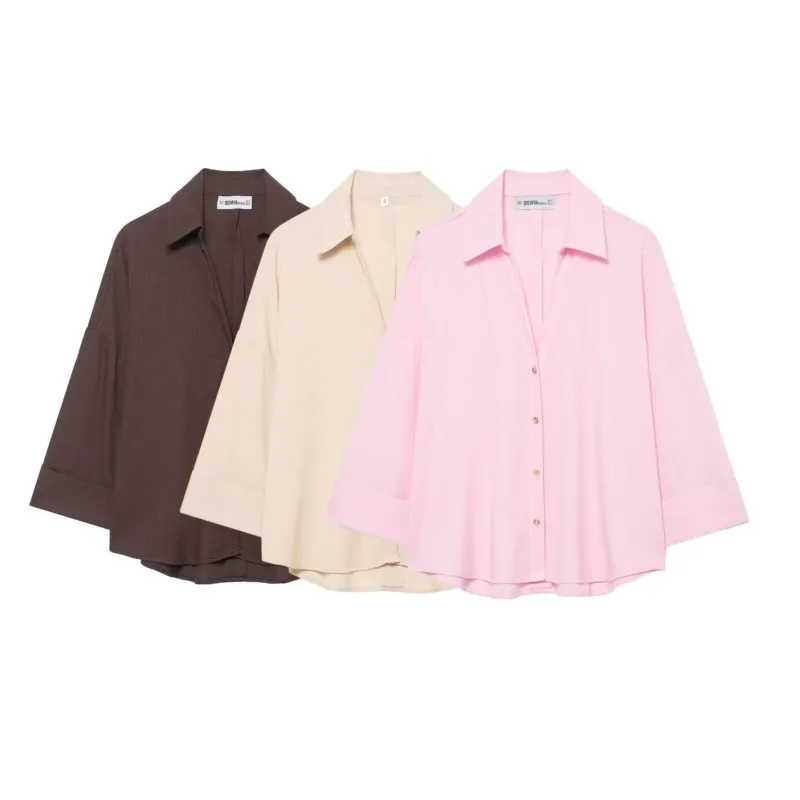 HipSeam レディース ジョニーカラーシャツ 2026 春 アシンメトリーヘム ボタン ワイドスリーブ レディース トップス シンプル レディース リネンシャツ＆ブラウス