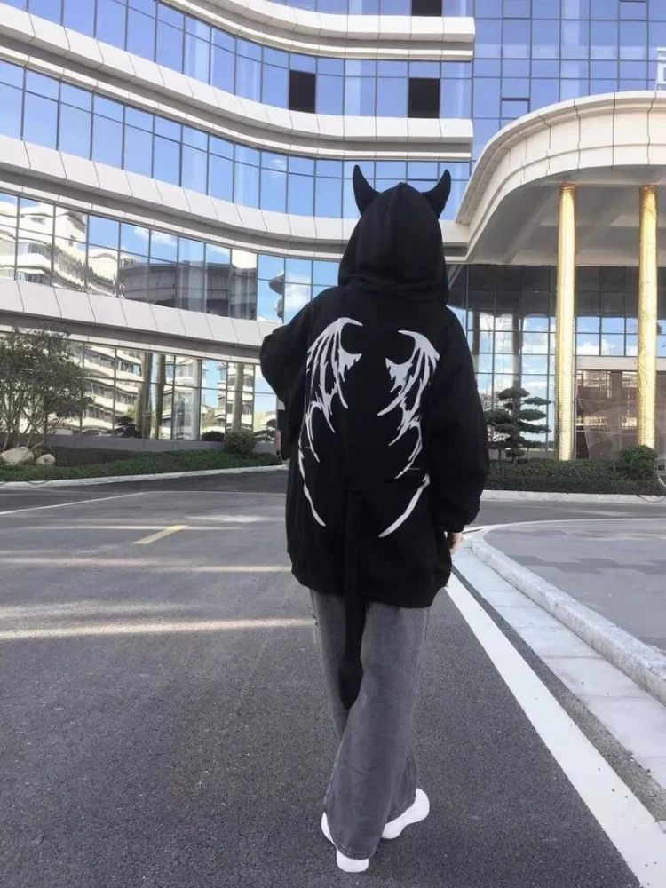 Japanese Zip Up Devil Horns Hoodies Women Harajuku Punk Gothic Sweatshirt Fairy Grunge Jacket Coat Streetwear Alt Emo Clothes