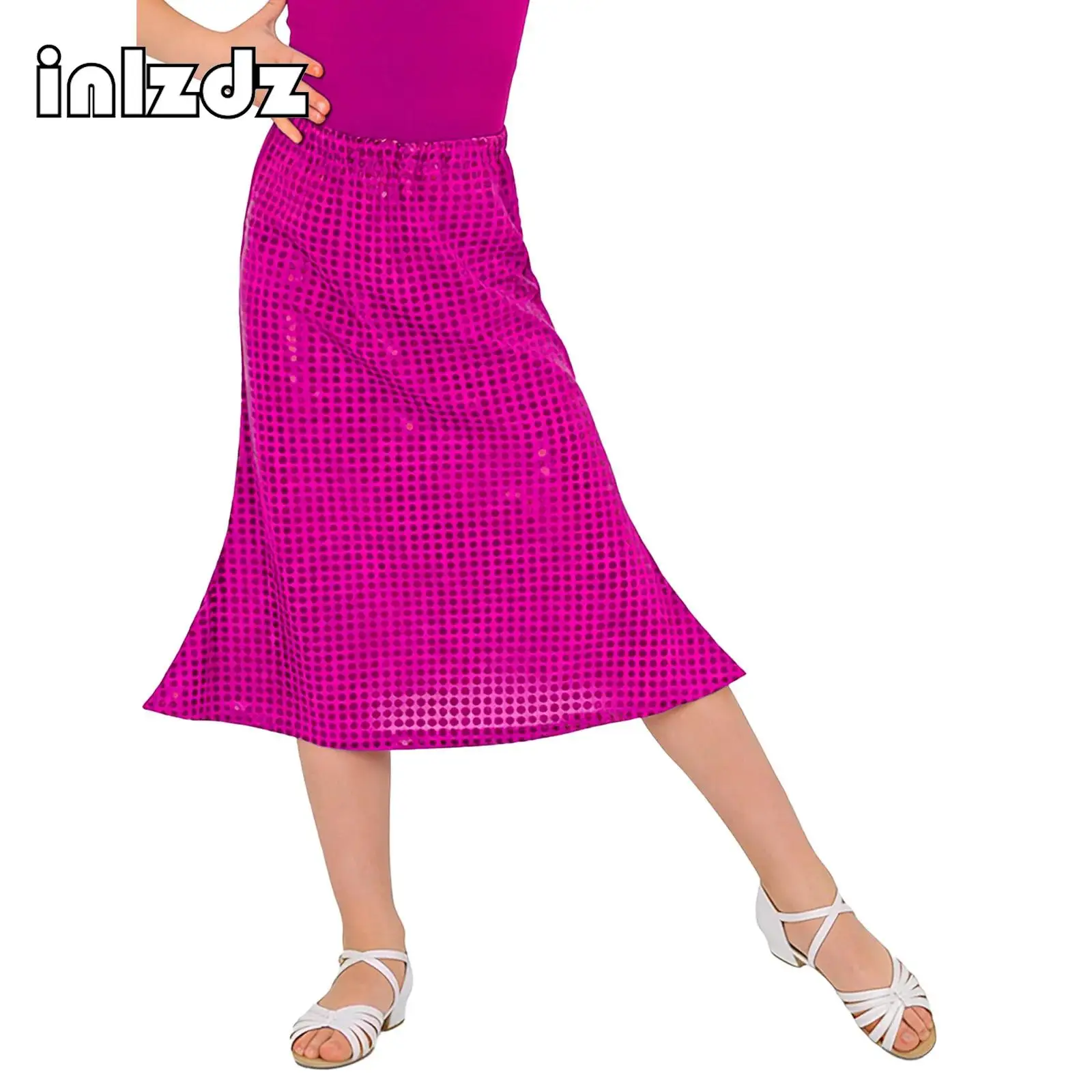 

Kids Girls Jazz Latin Chacha Dance Costume Stretchy Metallic Dots Flared Flamenco Skirt for Chorus School Show Dance Performance