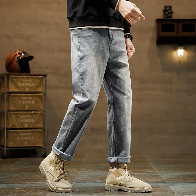 Pantalones vaqueros holgados con bolsillos de cintura alta para hombre, pantalón Vintage de moda, con botón degradado sólido, para primavera y otoño