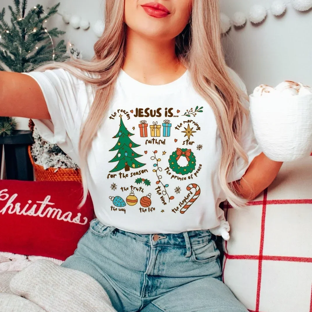 Jesus Is The Reason for The Season Religious Christmas Women's Printed Short Sleeve Casual 90s Cartoon Fashion Pattern Top T-Shi