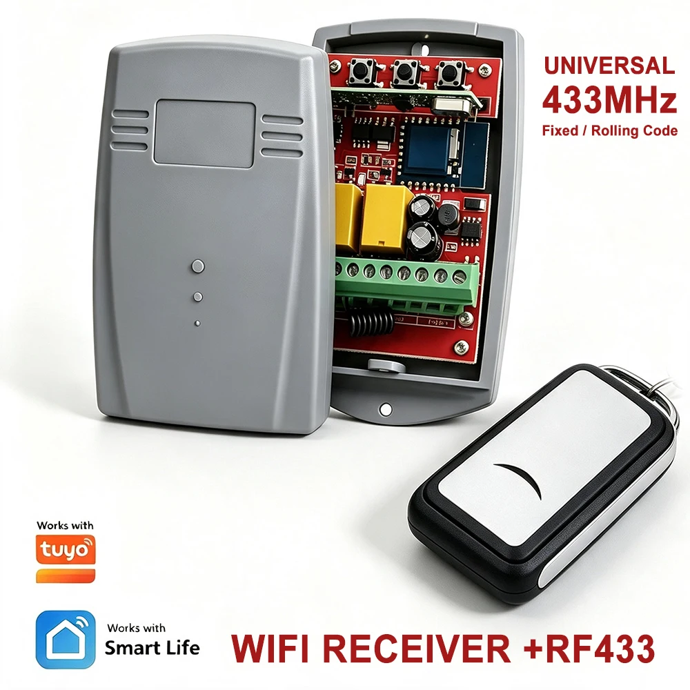 Retrofit Smart WIFI Garage Door Opener 2CH 433MHz Multi-Brand RF Receiver Universal Fixed Rolling Code Remote Control Tuya Alexa