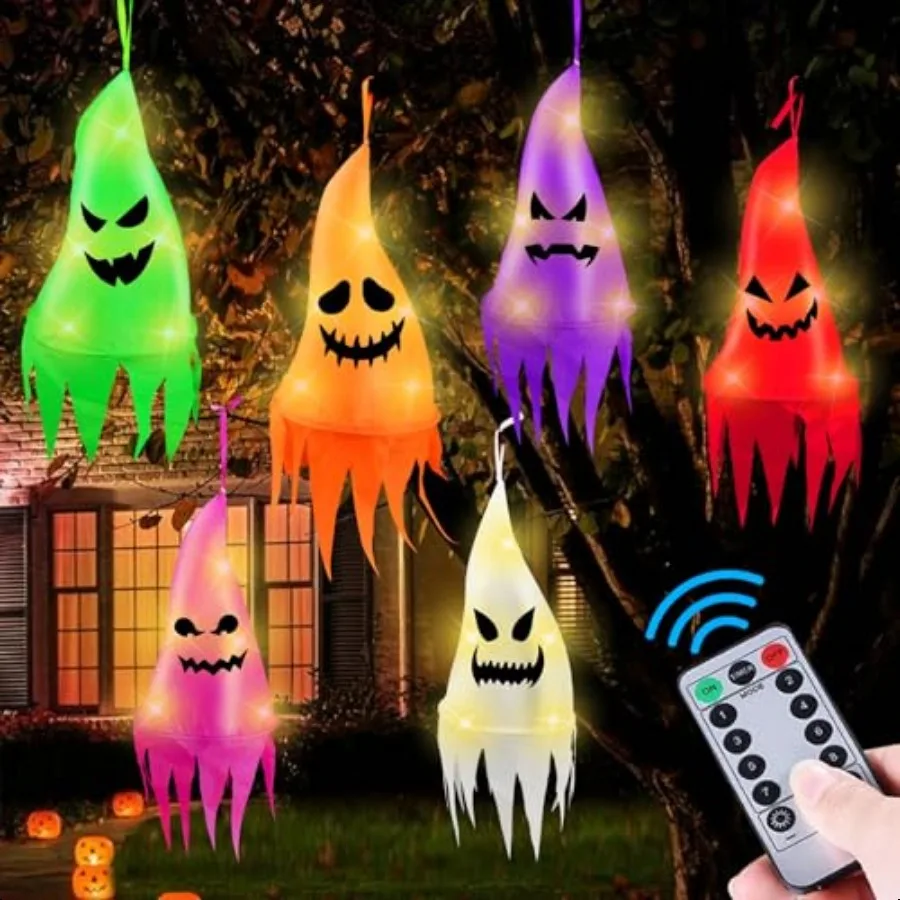 جهاز التحكم عن بعد 6 قطع أشباح معلقة للهالوين مع 8 أوضاع 30 أضواء LED 13 قدم زينة الهالوين الطويلة أشباح معلقة خارجية