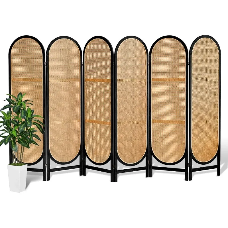 6 Panels Room Dividers, Foldable Wooden Room Dividers, Individual Privacy Screens Made of Hand-Woven Rattan