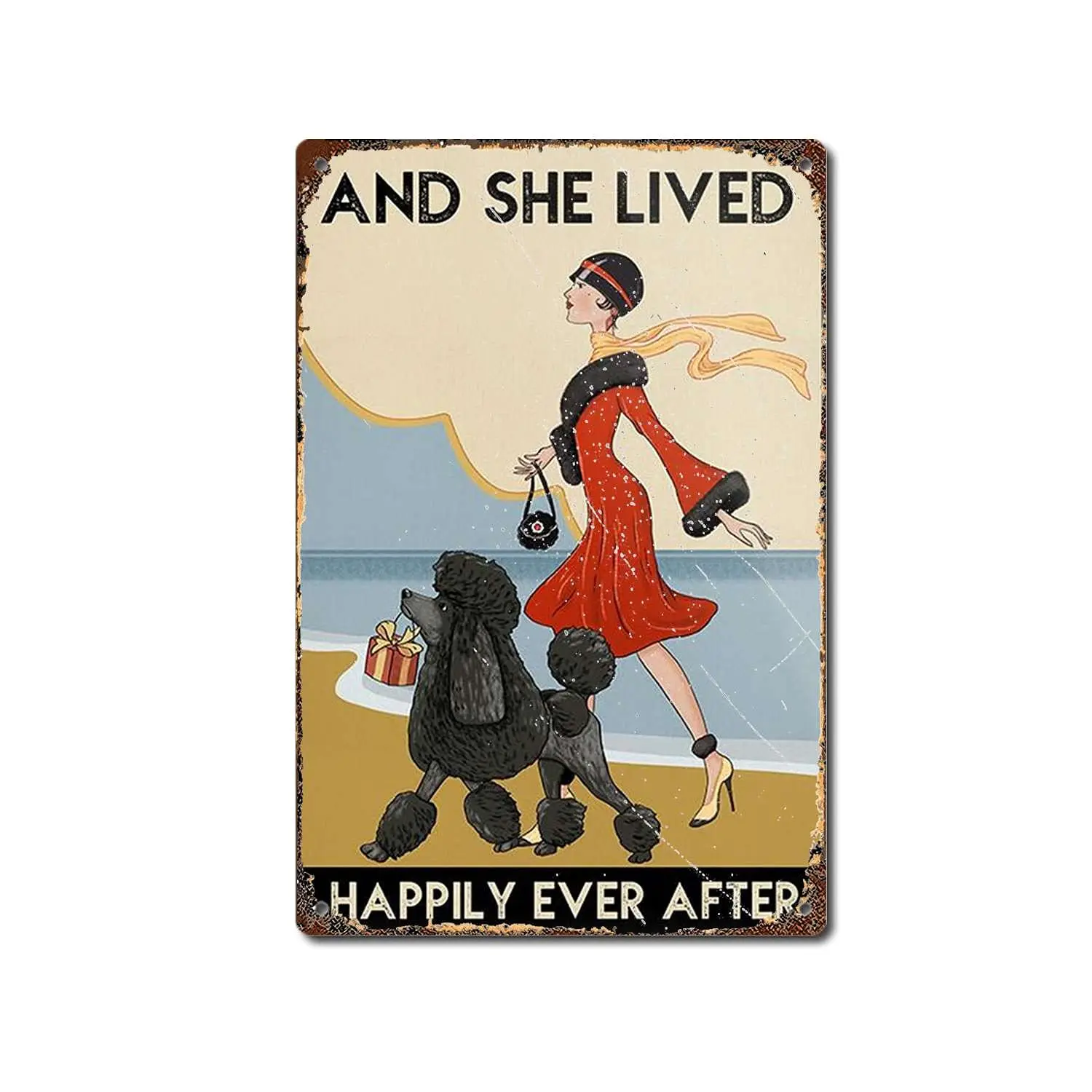 TRITXIY Gift for Black Poodle Lovers and She Lived Happily Coffee Shop Wall Art Dog, Home Decor Retro Metal Sign Retro tin Sign