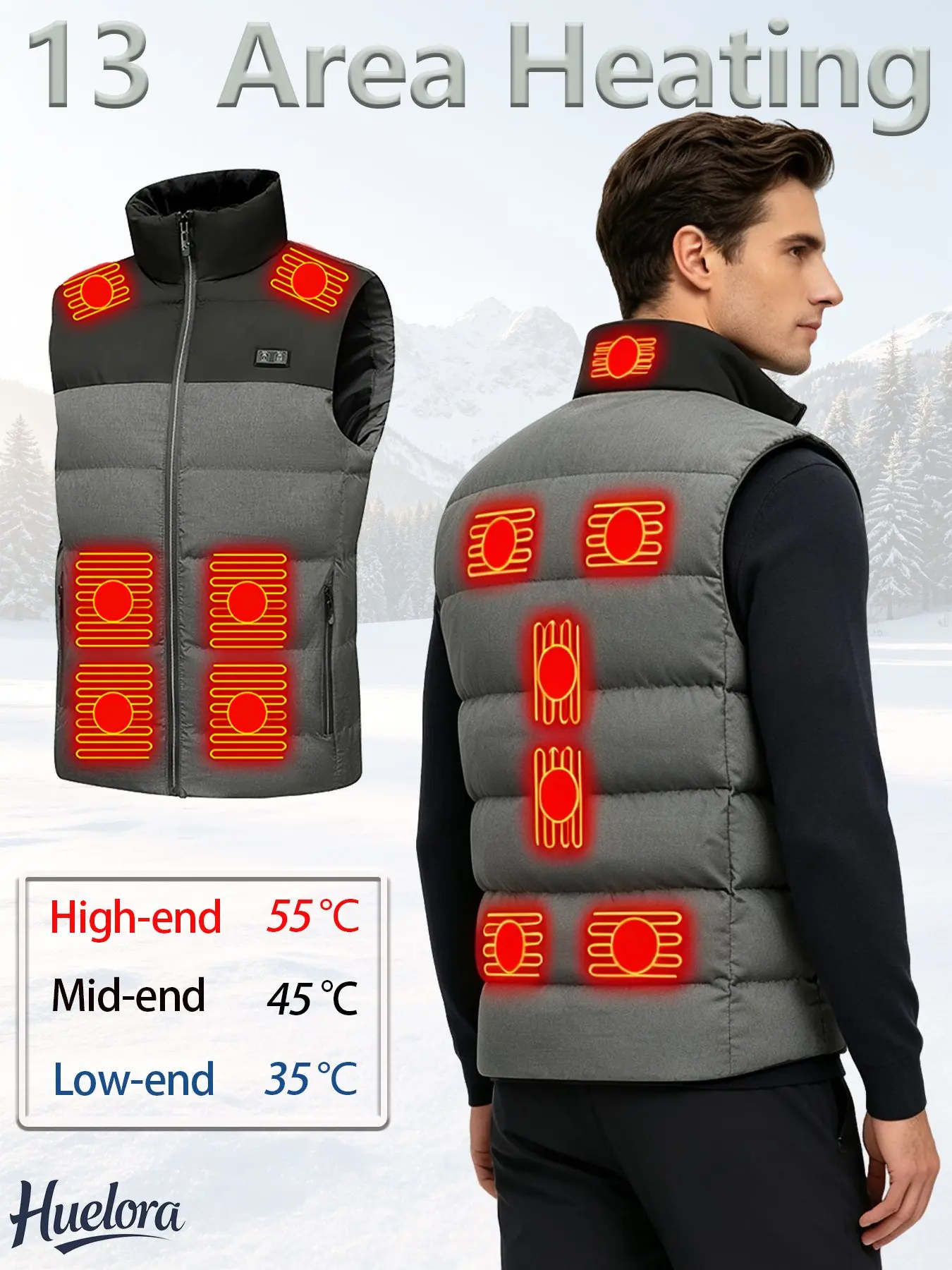 Huelora Men 13 Heating Zones Heated Vest USB Electric Heating Gilet Dual Control 3 Temperature Levels Machine Washable Winter