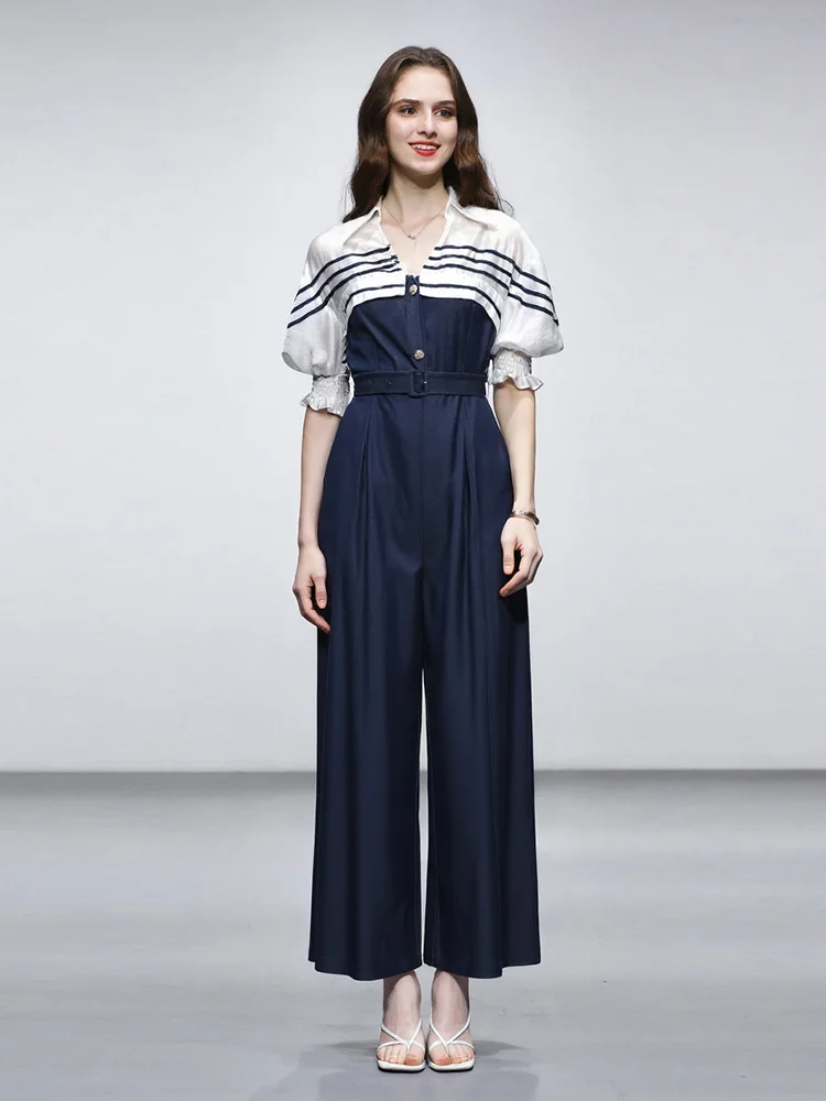 

Summer 2026 New Women's Navy Style V-neck Wrap High Waist Wide Leg Pants One-piece Suit Simple Elegance Commute Polyester