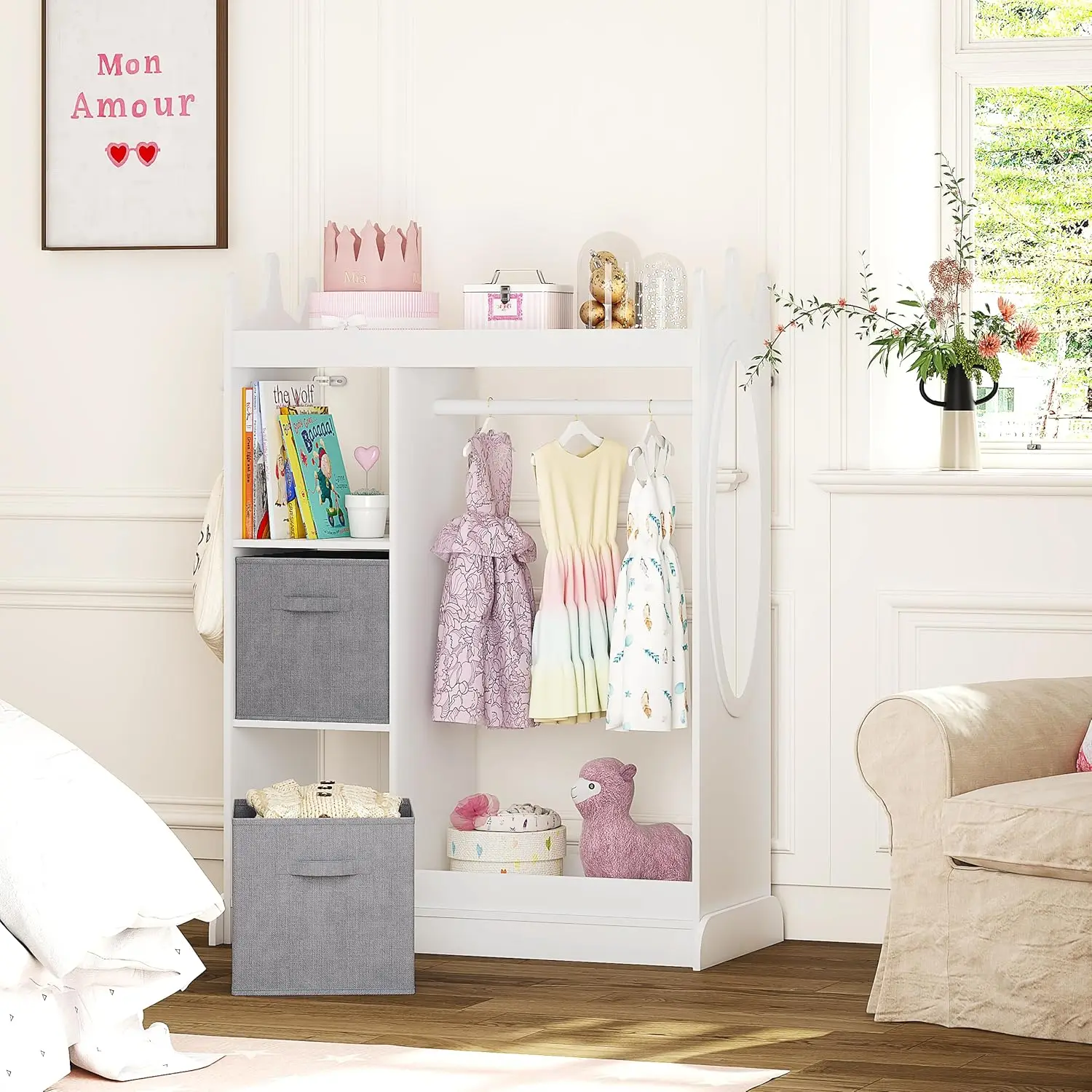 Armoire with Mirror, Storage Bins and Closet for Dress Up and Costumes (White)