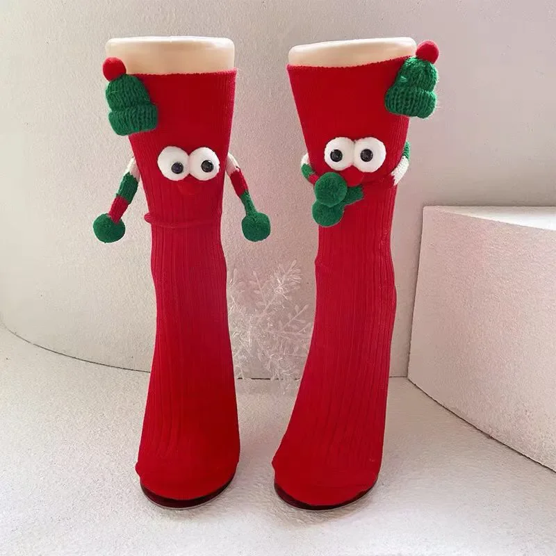 Funny Cartoon Women Socks Red Green Stereoscopic Cute Warm Soft Knitted Mid Length Socks Christmas New Year Creative Stockings