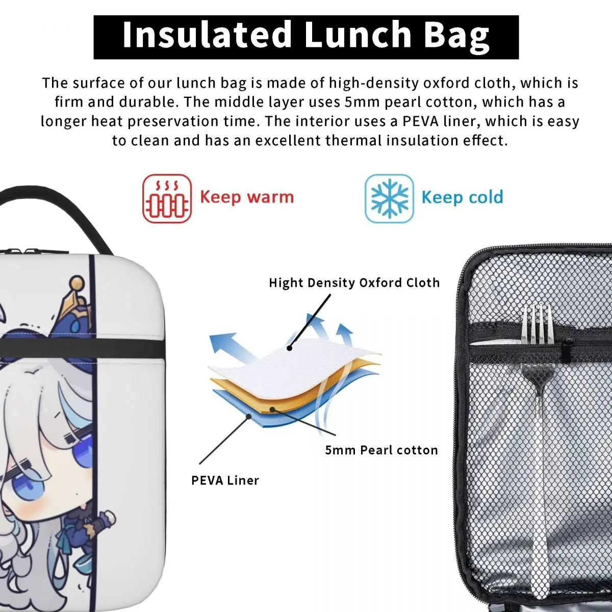 Gioco Genshin Impact Furina borsa termica per il pranzo per il gioco da viaggio borsa per alimenti portatile contenitore per il pranzo termico più