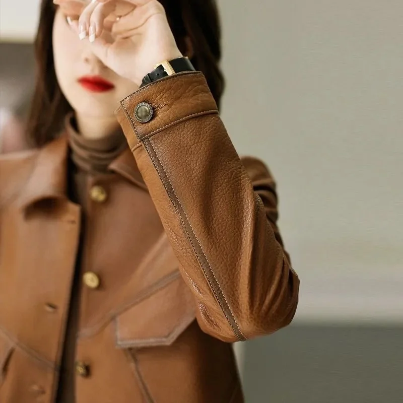 Spring Autumn Faux Leather Ladies Coat Korean Long Sleeves Leather Feminine Tops Fashion Large Size 4XL PU Leather Women Jacket 4