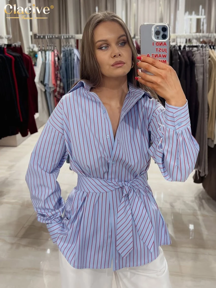 

Clacive Fashion Loose Stripe Print Women's Shirt 2026 Spring Lapel Long Sleeve Blouse Elegant Classic Lace-Up Top Female Clothin