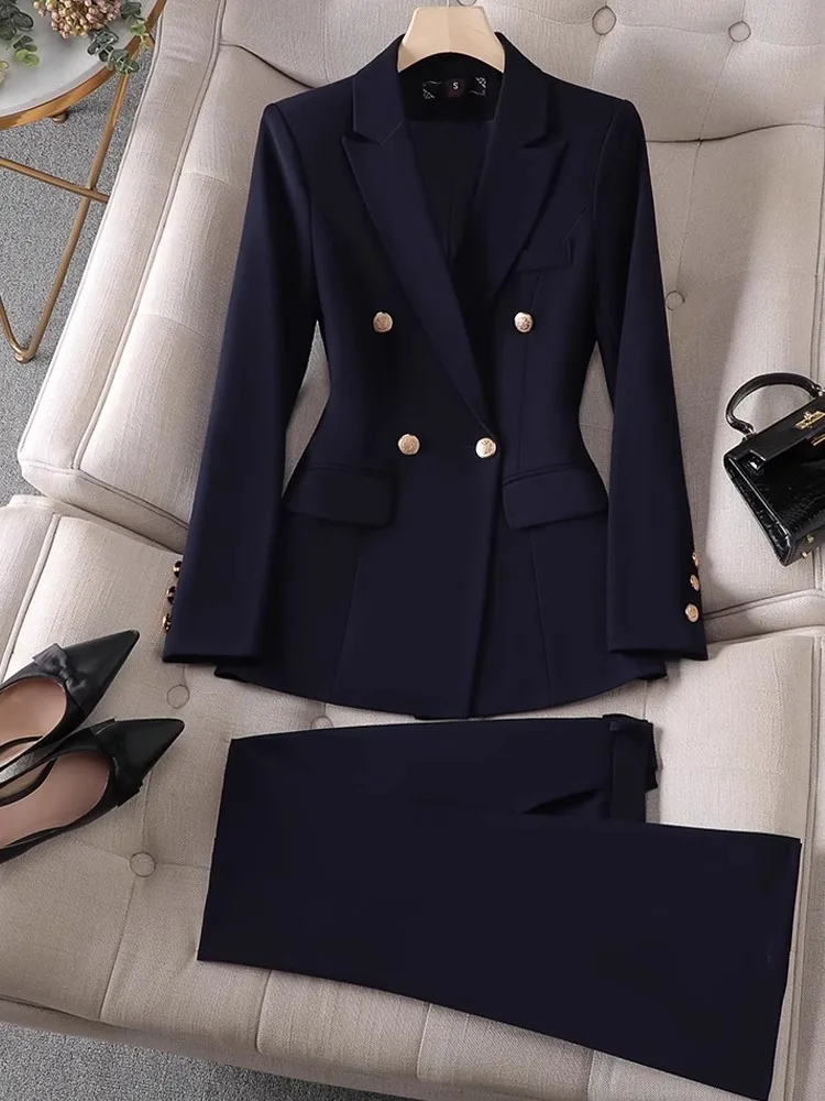 

Костюмный комплект для женщин цвета кобальтовый синий: профессиональный наряд для собеседований, стиль для работы, полиэстер, длинный рукав, детали с пуговицами