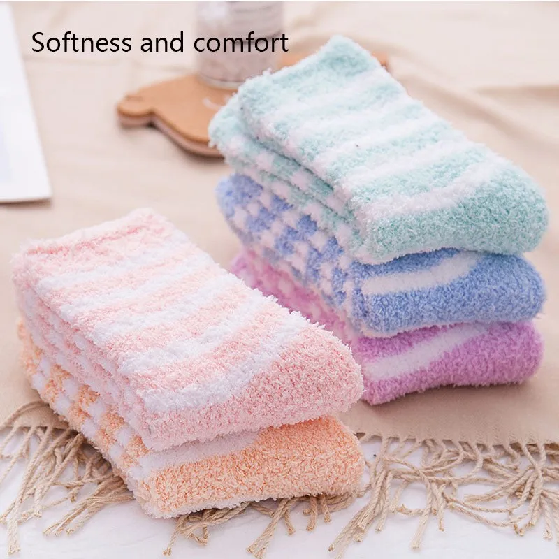 5 Pairs Women\'s Autumn and Winter Striped Coral Fleece Sleep Socks Thickened Warm Mid-Calf Home Socks Simple Floor Socks