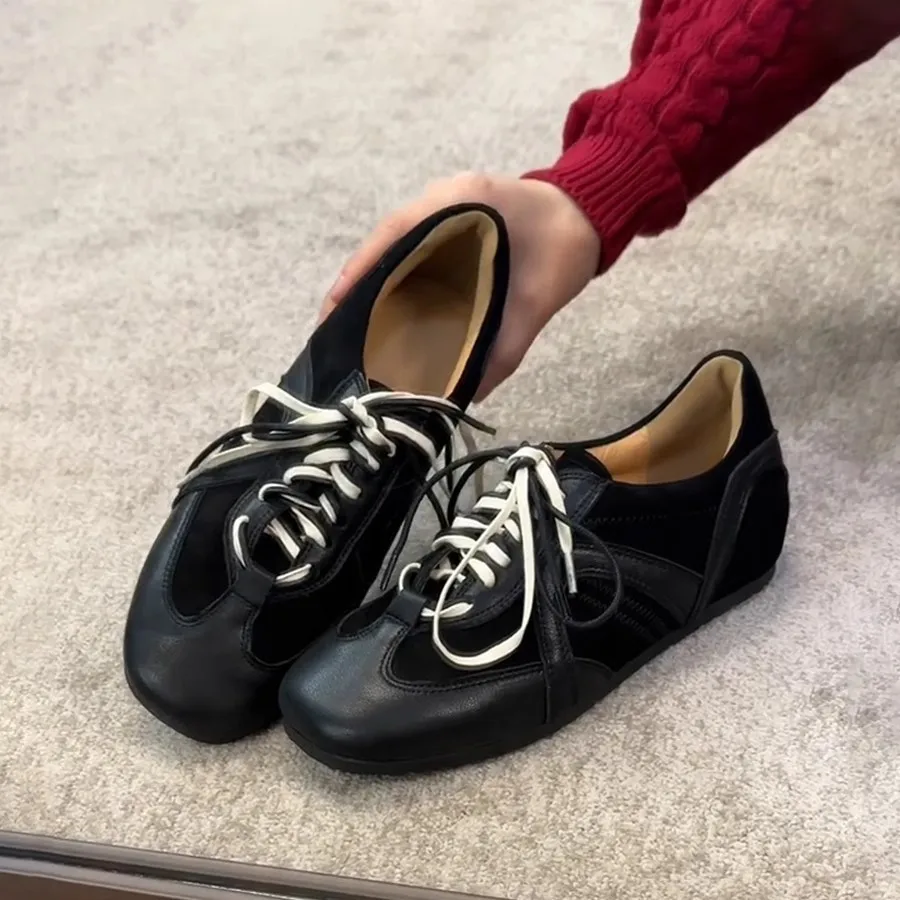 

Women Elegant Cowhide Leather Black Comfortable Training Shoes Luxury Designer Lace-up Sneakers Women Vulcanized Shoes Fashion