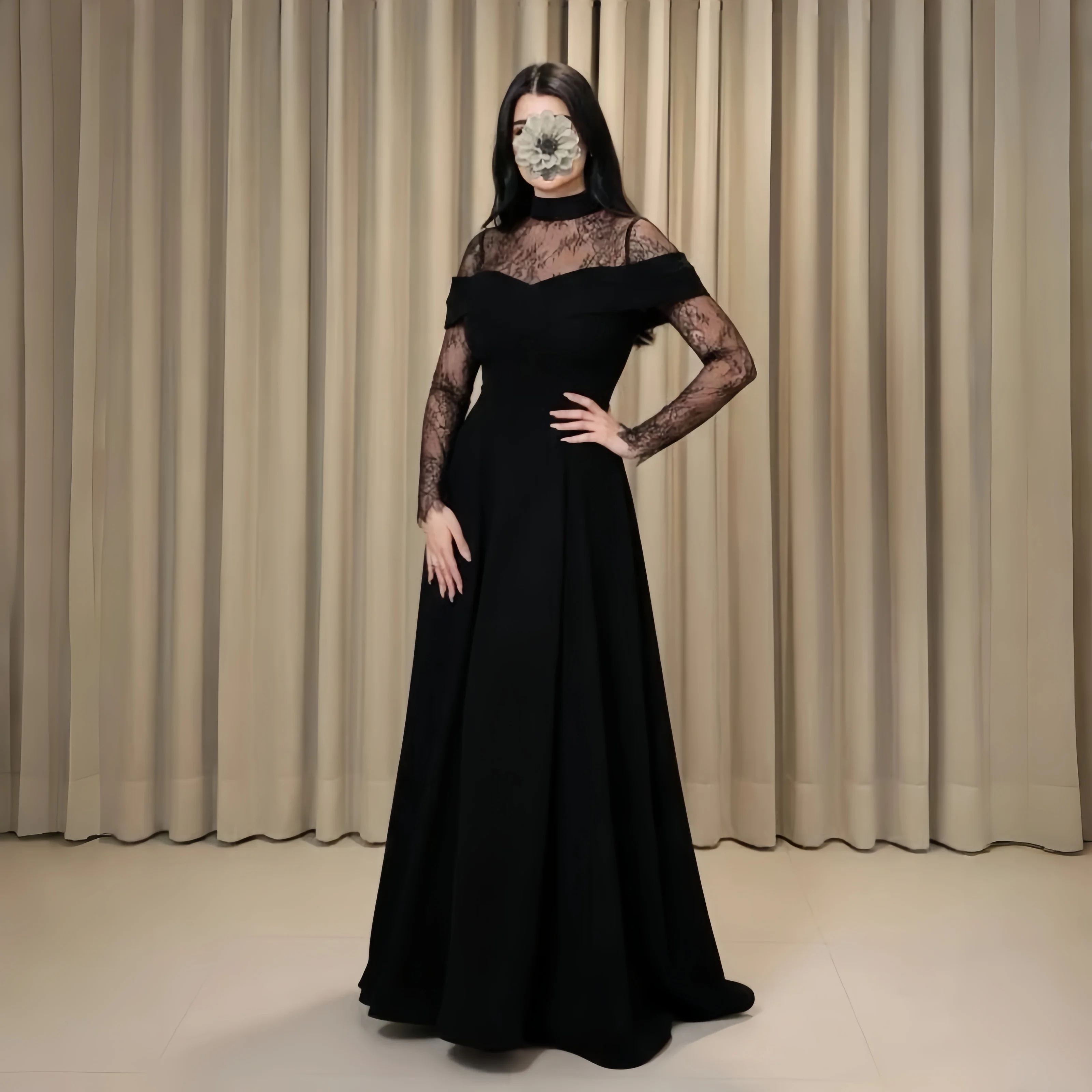 Custom Black Lace High Neck Prom Dresses Sheer Long Sleeve Vestidos De Noche Ankle‑Length A‑Line Ball Gown Formal Evening 2026