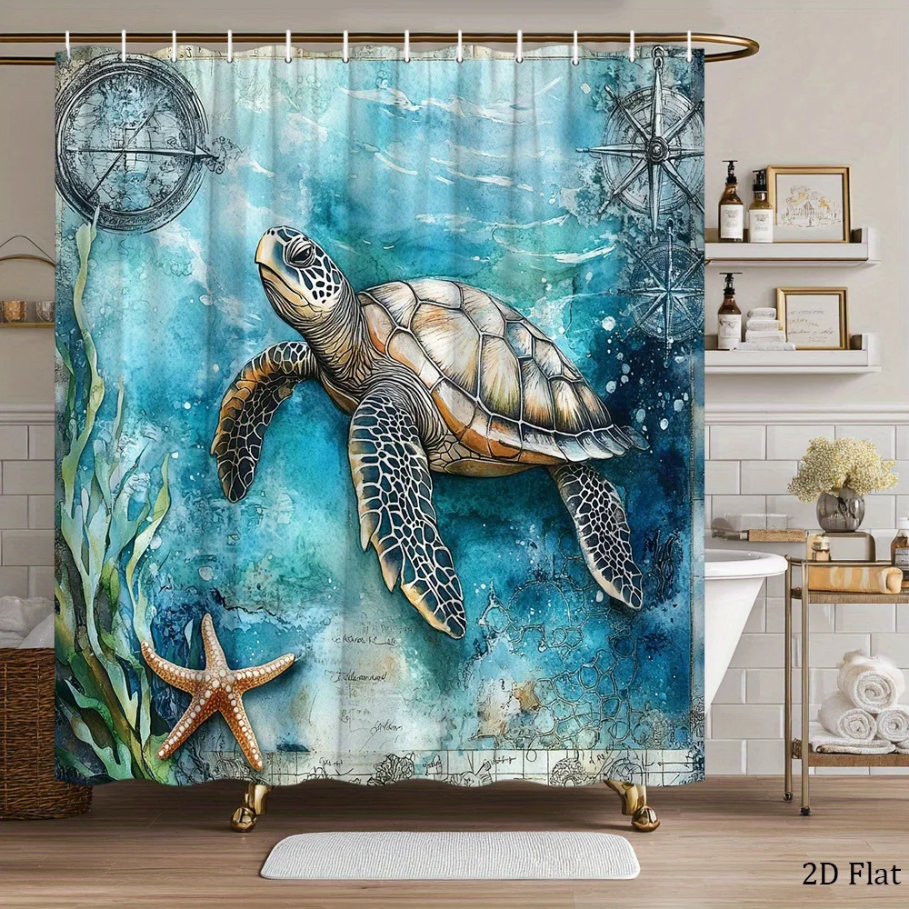 1pc Ocean-Themed Shower Curtain Featuring Sea Turtles And Starfish, Made of Polyester, Suitable for Bathroom Decor, Includes 12