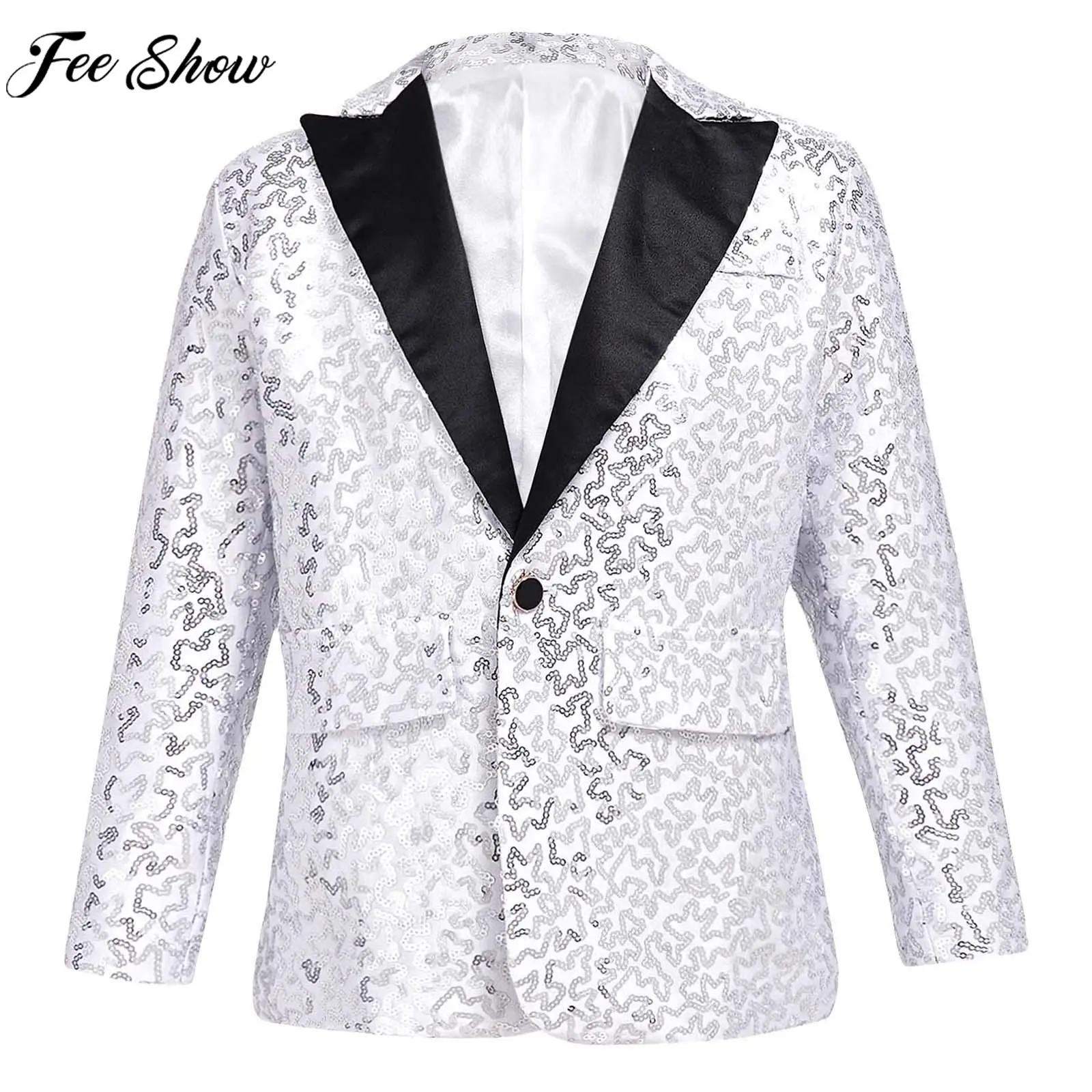 Teens Boys Long Sleeve Shiny Sequin Lapel Blazer Suit One Button Jacket Coat Wedding Birthday Party Stage Performance Tuxedo