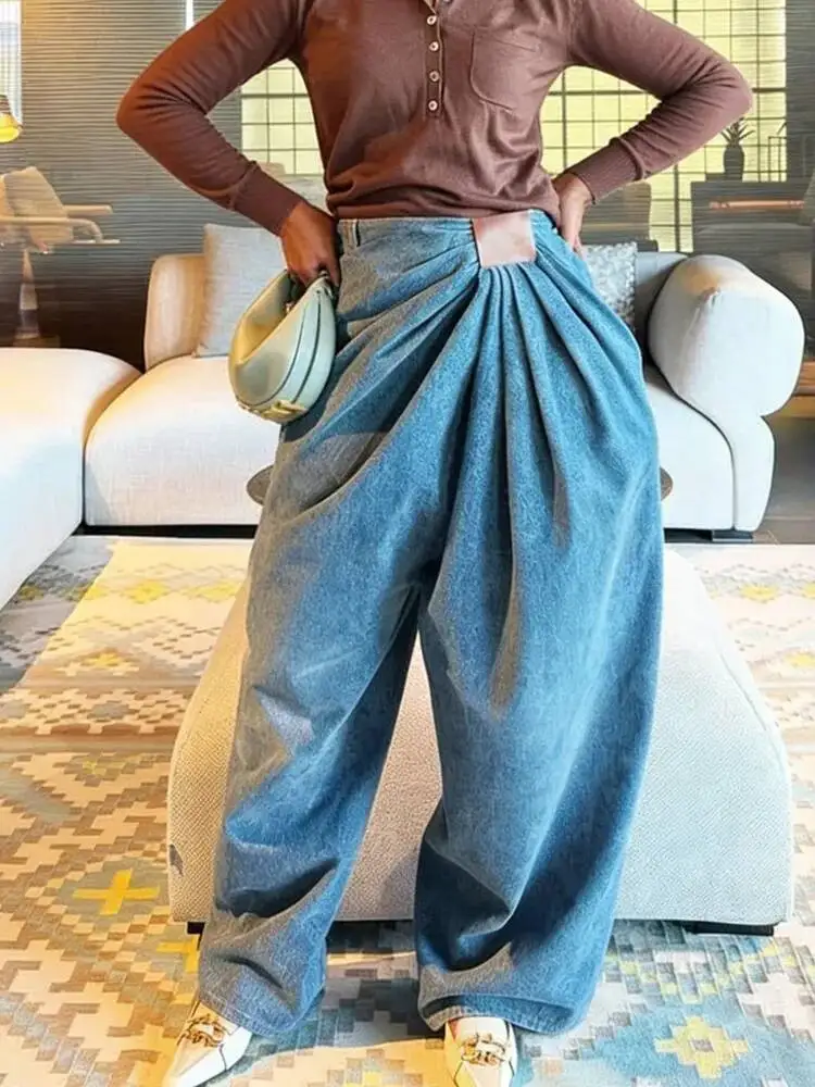 European And American Style Asymmetrical PU Waist Hanging Wide Leg Jeans For Women 2026 Spring E2M2
