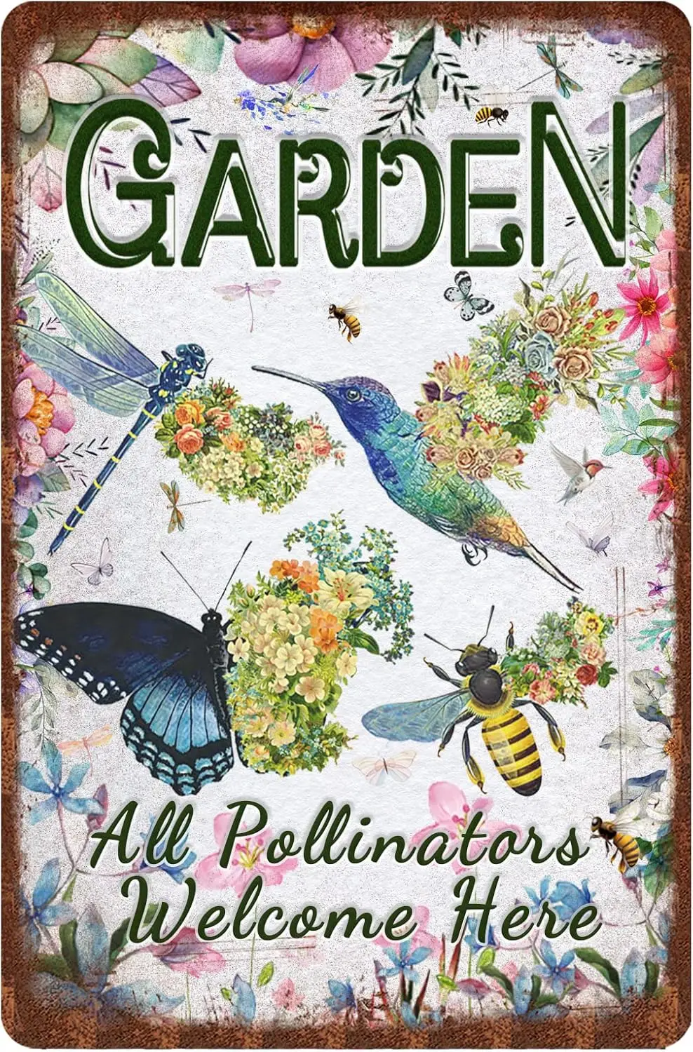 Hummingbird Butterfly Bee Dragonfly Metal Tin Sign Garden All Pollinators Welcome Here Poster Painting Room Bedroom Home Outd